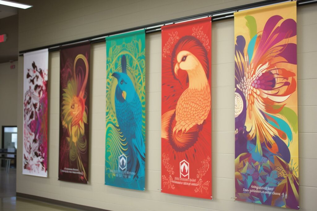 Multicolored vinyl banners printed by an inkjet printer.